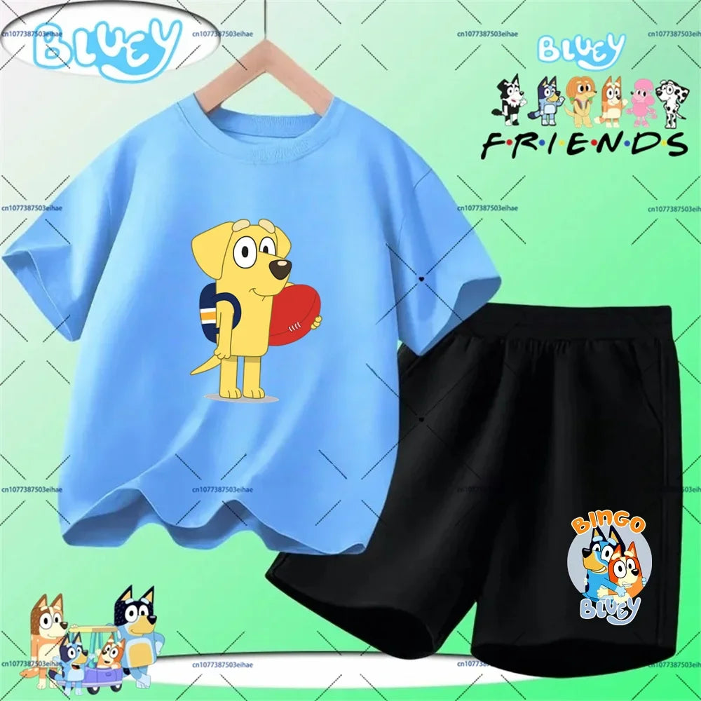 Vacation Kawaii Kids 2PCS Clothing Bluey Cartoon Print T-Shirt And Shorts Summer Casual Street Style Light Outfit Age 3-14 Years
