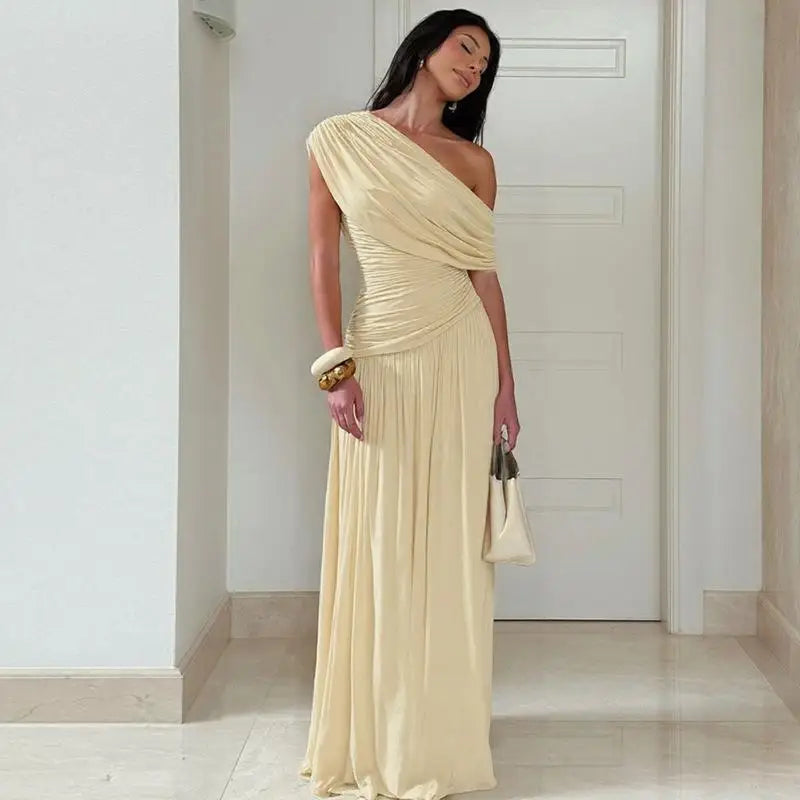 Seductive Dress Fashionable One-Shoulder Ruched Dress Minimalist Solid Asymmetrical Dress Irregular Hemline Wholesaler Gown