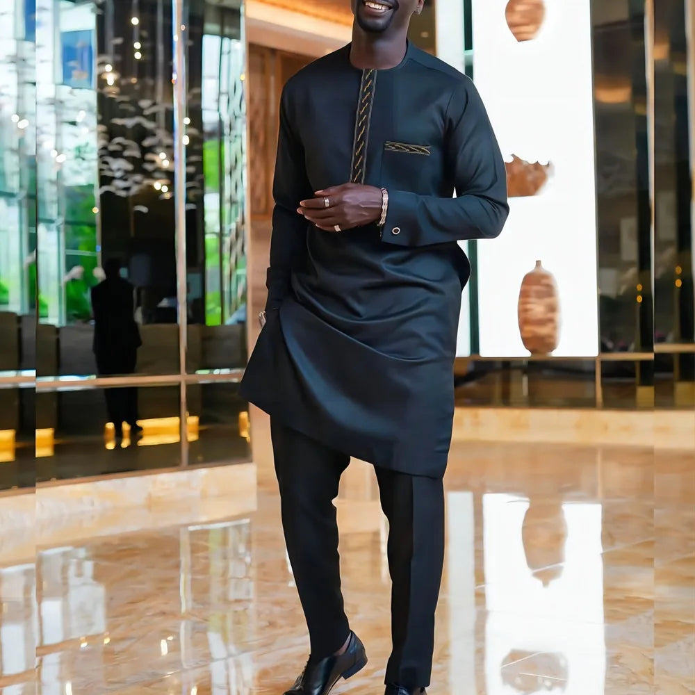 Kaftan Men Wedding Suits Groom Embroidered Pocket Top And Pants Kaunda Suit African casual Outfits Party Fashion Two-piece Set