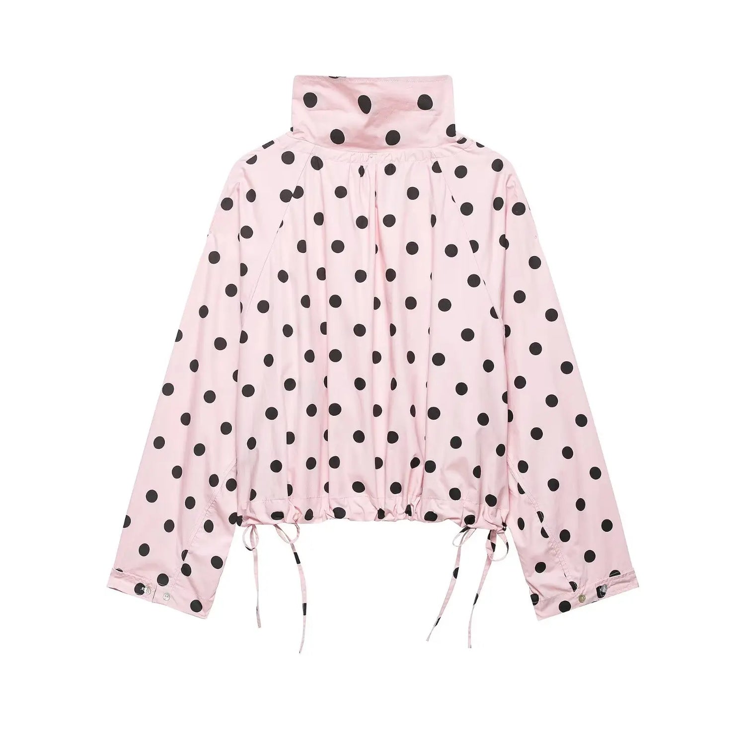HH Women Elegant Fashion Polka Dot Pink Jacket Single Breasted High Collar Drawstring Coat Spring Lady Trend Street Outwear