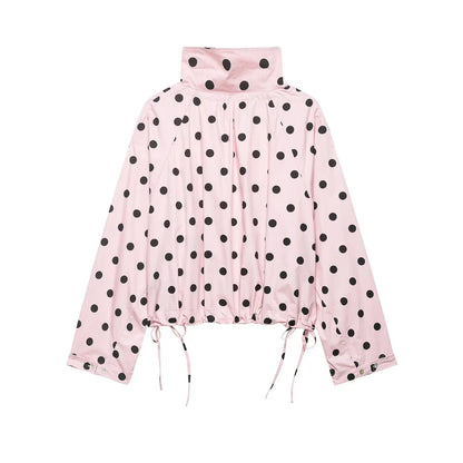 HH Women Elegant Fashion Polka Dot Pink Jacket Single Breasted High Collar Drawstring Coat Spring Lady Trend Street Outwear