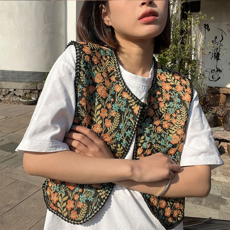 Vintage Floral Embroidery Printed Cardigan Vest Womens Elegant Sleeveless Tops Spring Summer Female Clothing Dropshipping