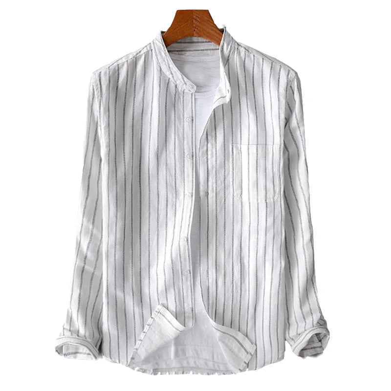 British Style Striped Cotton Linen Shirts For Men Long Sleeve Stand Collar Tops Spring Autumn Fashion Comfort Shirts Streetwear