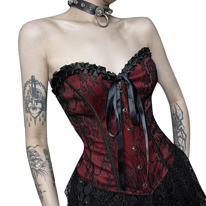 Tube Top Gothic Printed Lace Trim Sleeveless Metal Buttons Lace-up Corsets Tank Top Court Elegant Fairy Grunge Top