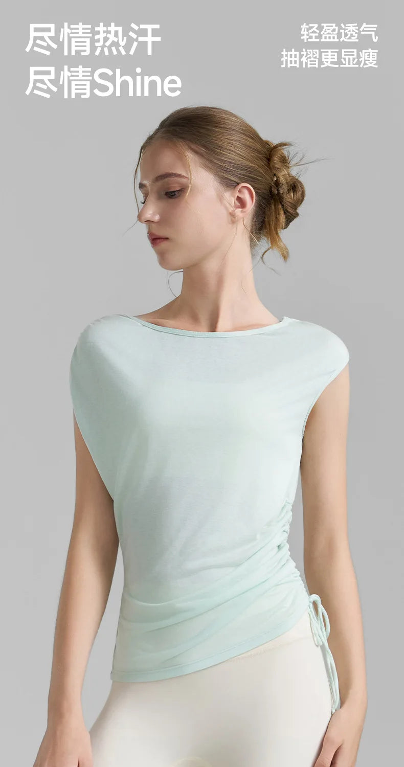 Sleeveless Pleated Cover Shirt with Drawstring, Tight Waist, High-end Feeling, Breathable and Slimming Sports T-shirt