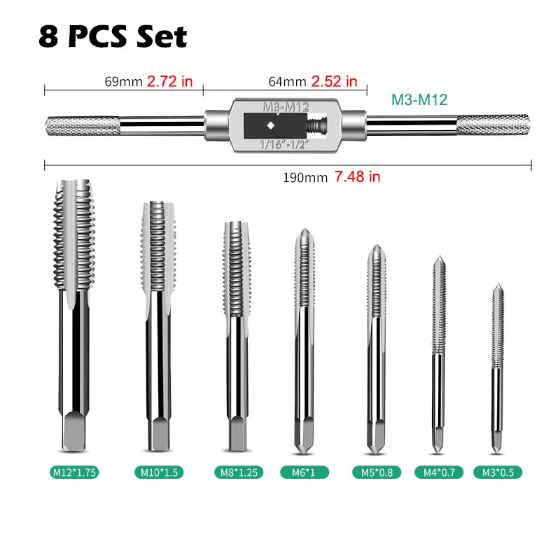 6/8 PCS Manual Tap Wrench Set HSS Right Tapping Drill Bit Thread Punching Tool External Thread Making Steel Screw Tab Hand Tools