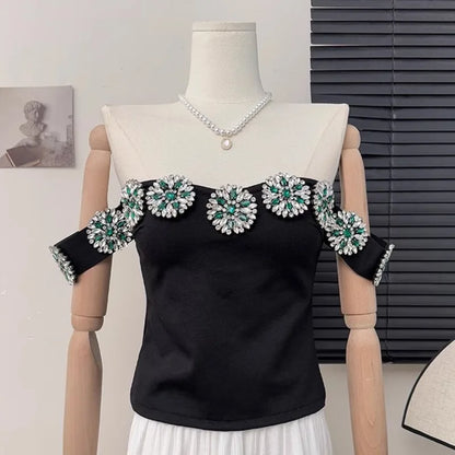 Korean Fashion Clothing Sexy Tanks Women Heavy Diamond 3D Floral Tanks Crop Tops Temperament Tunic Summer Camis 2025 Ropa Mujer