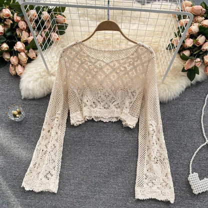 Blouses Women Retro Hollow Out All-match Sweet See-through Leisure Summer Sun-proof Korean Style Female Slim Crop Bohemian Ins
