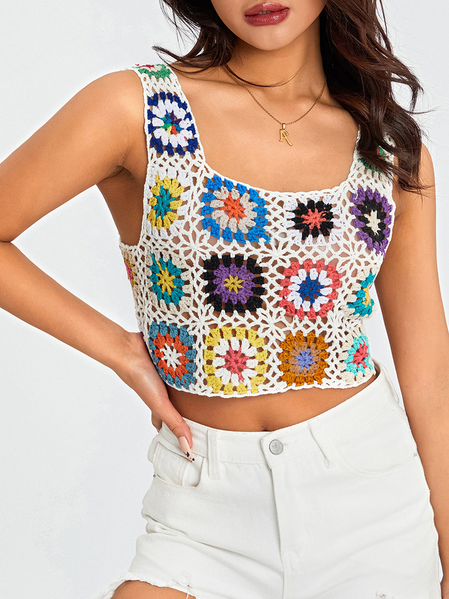 Women´s Summer Sleeveless Tops Colorful Hand Crochet Embroidery Openwork Knit Tank Tops