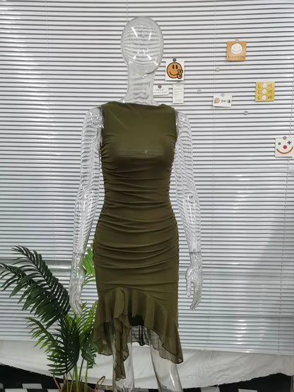 2025 Spring And Summer Sleeveless Dresses Women New Fashion Mesh Tight Solid Color Elegant Temperament Irregular Hem Vestidos