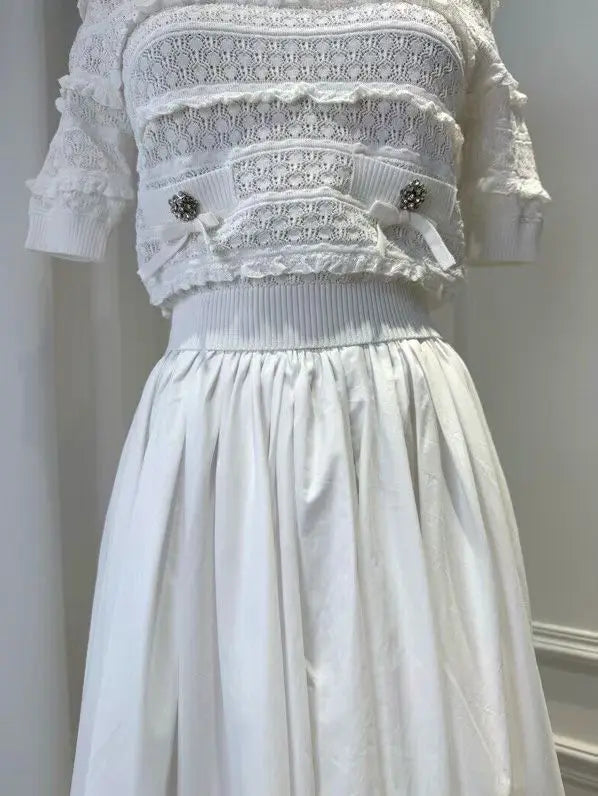 Women White Fashion Set short sleeve knit sweater tops + high waist fashion midi skirt
