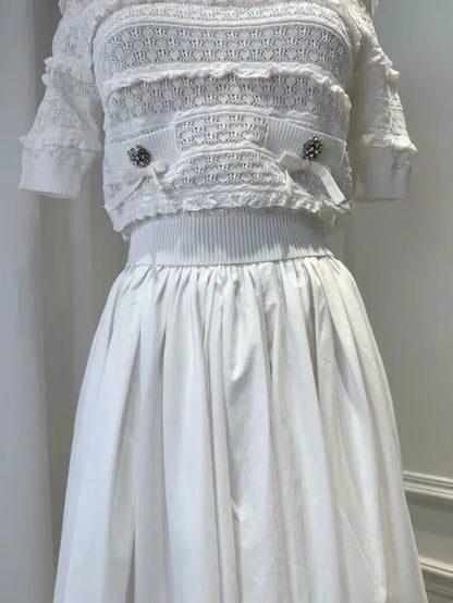 Women White Fashion Set short sleeve knit sweater tops + high waist fashion midi skirt