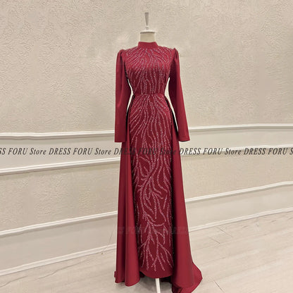 Saudi Kaftan Evening Dress For Woman Long Sleeve Glitter Lace Floor Length With Train High Neck Luxury Muslim Formal Party Gown