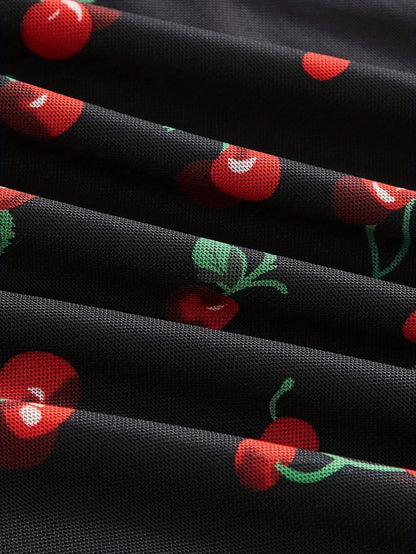 Cherry Printed Vintage Summer Dresses Y2kWomen Swing Robe Party Dress 2025 New Casual Vestidos Sexy Strapless A-Line Sundresses