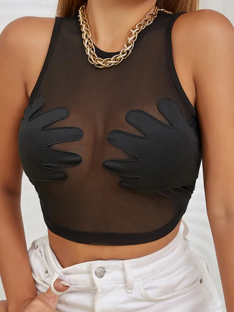 Sleeveless Sexy Tank Top Women Clothing See Through Y2k Accessories O-neck Palms Cute Mini T-shirts Mesh Black Ropa De Mujer