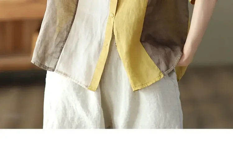 Cotton and Linen Shirt for Women Fashionable and Versatile Cardigan Lapel Top Thin Blouse Patchwork Casual Chic Female Clothes