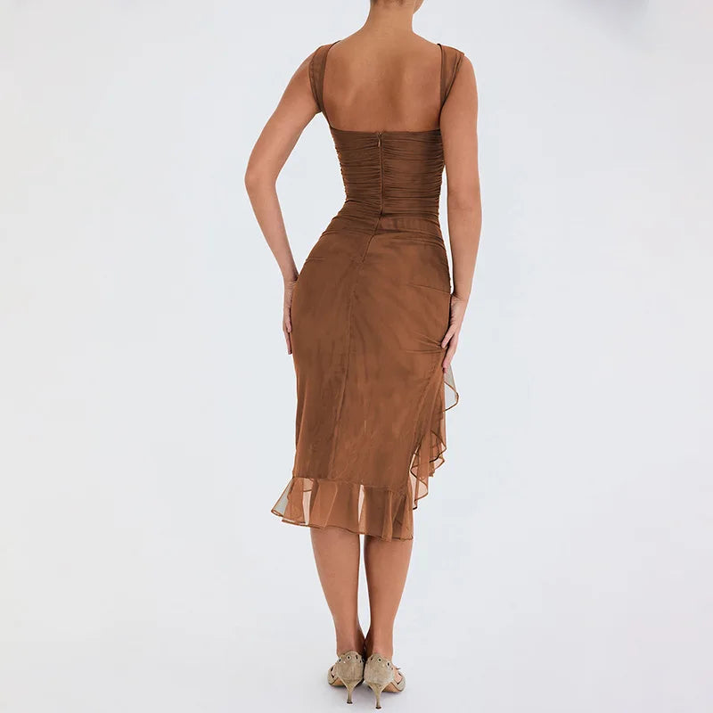 2025 Spring And Summer Sleeveless Dresses Women New Fashion Mesh Tight Solid Color Elegant Temperament Irregular Hem Vestidos