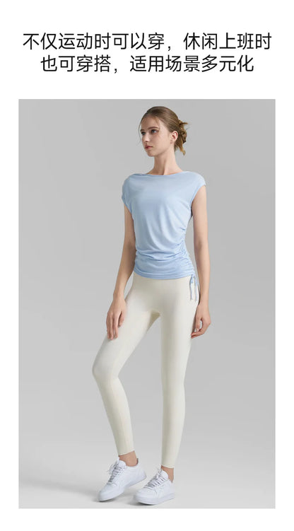 Sleeveless Pleated Cover Shirt with Drawstring, Tight Waist, High-end Feeling, Breathable and Slimming Sports T-shirt