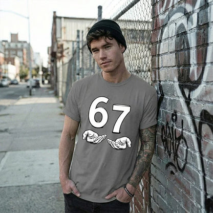 European And American Men T-Shirts Funny Six Seven 67 Meme Gen Alpha Slang 67 Hands Retro Cotton Comfort Short-Sleeve T-Shirt
