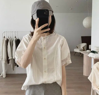 Women Round Neck Blouse Short Sleeve Button Down Loose Casual Solid Color Summer Shirt