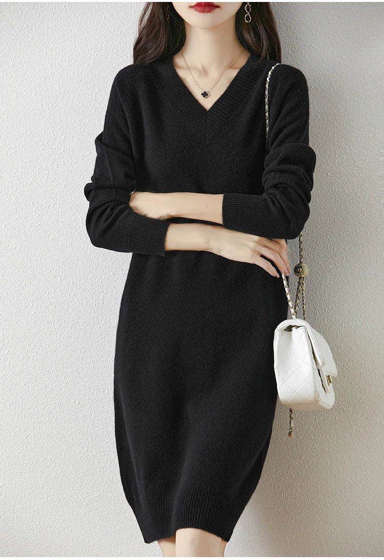 Fashion Autumn Winter Dress Women100%Merino Wool V-neck Long-sleeved Dress Women&