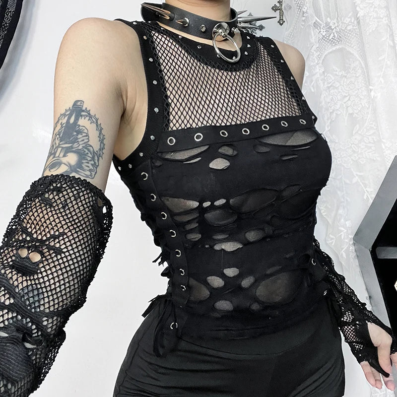 Gothic Tops Punk Tanks T-Shirt Women Sexy Fishnet Backless Steampunk Vest Clubwear for Party