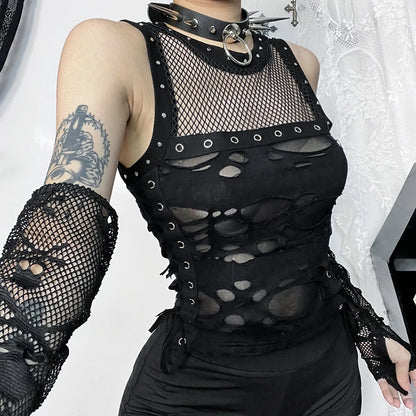 Gothic Tops Punk Tanks T-Shirt Women Sexy Fishnet Backless Steampunk Vest Clubwear for Party