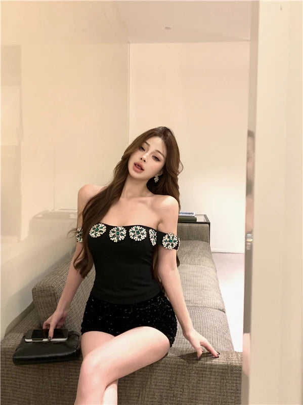 Korean Fashion Clothing Sexy Tanks Women Heavy Diamond 3D Floral Tanks Crop Tops Temperament Tunic Summer Camis 2025 Ropa Mujer