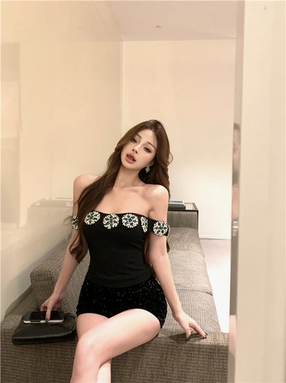 Korean Fashion Clothing Sexy Tanks Women Heavy Diamond 3D Floral Tanks Crop Tops Temperament Tunic Summer Camis 2025 Ropa Mujer