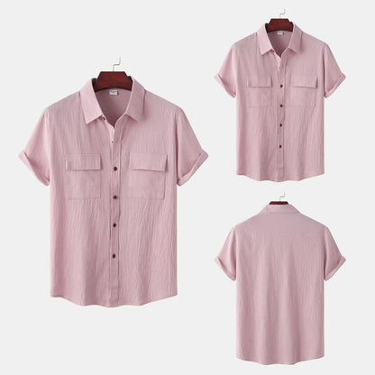 Turn Down Collar Men Shirts Solid Short Sleeve Shirts Single Breasted Casual Shirt Buttons Cardigan Sports Loose Breathable