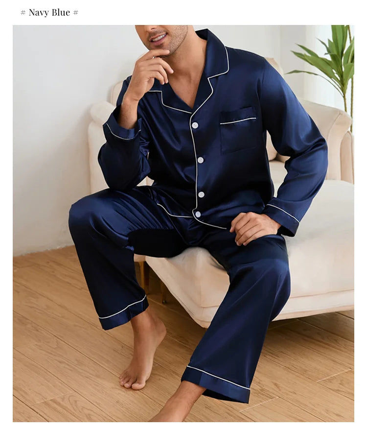 Men Sleepwear Satin Pajama Sets Long Sleeve Tops with Trousers Pajama Pj Sets Soft and Comfortable Autumn Pajamas Loungewear Set