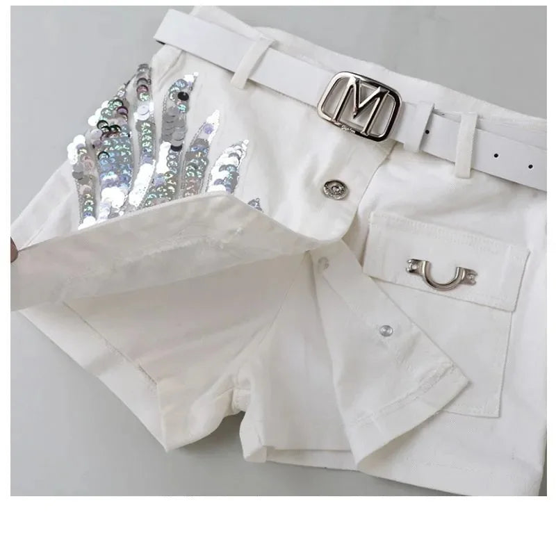 Fashion Sequin Denim Short Skirt Women Spring/Summer 2025 New Korean High Waist Slim Irregular Sexy Hot Pants White Black Casual