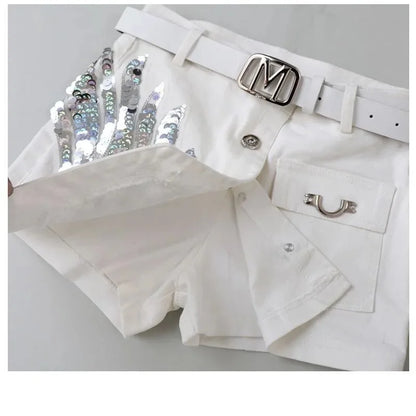 Fashion Sequin Denim Short Skirt Women Spring/Summer 2025 New Korean High Waist Slim Irregular Sexy Hot Pants White Black Casual