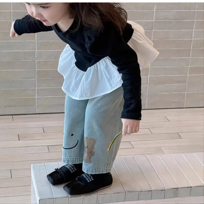 Korean Children Clothing 2025 Spring Clothing New Girls Splicing Long-sleeved T-shirt Top Girl Baby Ruffle Edge Bottoming Shirt