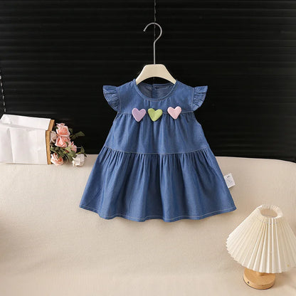 Kids Clothes Summer Girls Dress Denim Thin Sundress Sweet Sleeveless Heart Dresses Outdoor Children Clothing
