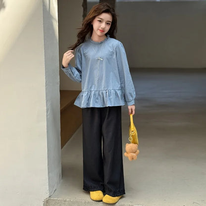 Back To School Clothing for Girls Outfits Set Toddler Kids Vest +Blue Shirt + Pants 3pcs Teens Kids Costumes Spring Autumn 2025