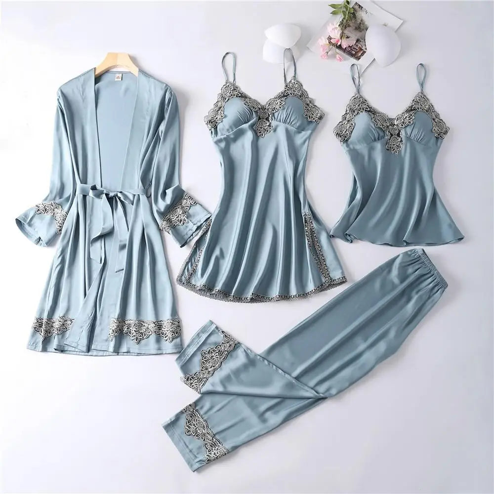 Casual Women Sleepwear Satin Pajamas 4PCS PJS Set Sexy Nightwear Kimono Bathrobe Gown Lace Intimate Lingerie Soft Homewear