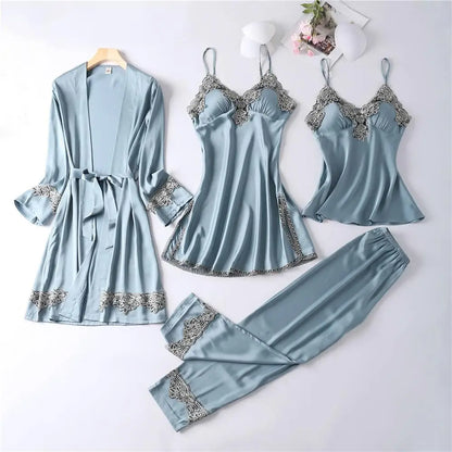 Casual Women Sleepwear Satin Pajamas 4PCS PJS Set Sexy Nightwear Kimono Bathrobe Gown Lace Intimate Lingerie Soft Homewear