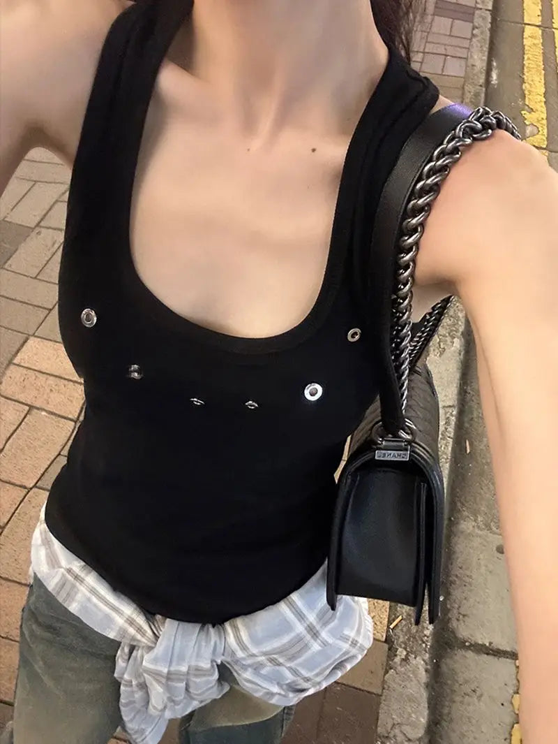Tanks Women O-neck Sleeveless Hotsweet Hip Hop New American Style Streetwear Leisure Cool 3D Decoration Crop Tops Harajuku Solid