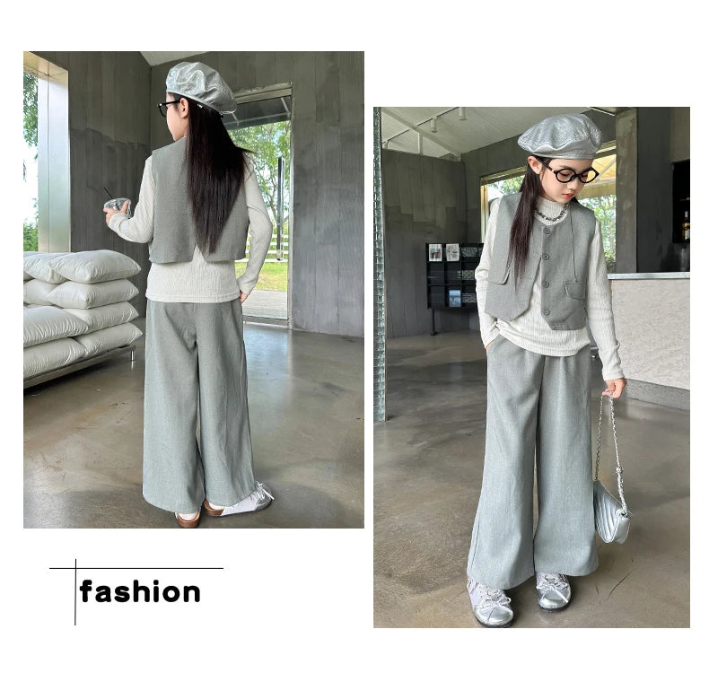 Design junior girls clothes set Round neck vest+cotton t-shirt+Wide leg pants 3pcs teenage kids clothing suit chidren outfits 14