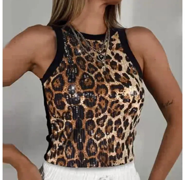 Tank Top for Women 2025 Summer New Pearl Leopard Print Small Sleeveless T-shirt Sexy Exposed Navel and Waist Color Blocked Vest
