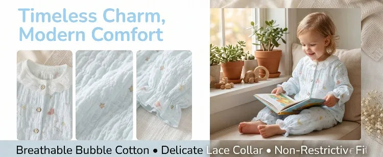 Summer Child Clothing Sets in Air-conditioned Room Girls Breathable Comfortable Long Sleeve Lace Home Clothes Sets Kids Pajamas