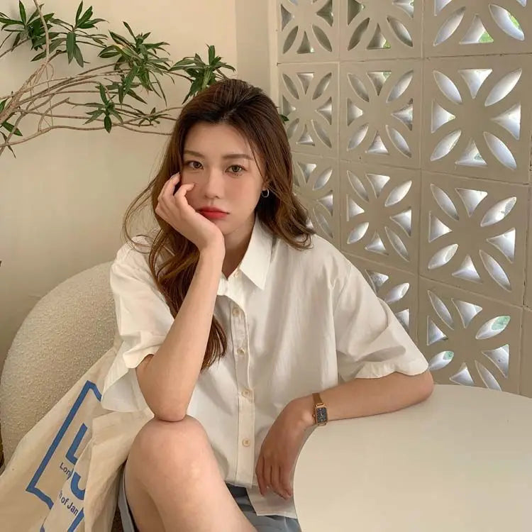 Short Sleeve Shirts Women Solid Cool Unisex College Рубашки Korean Style All-match Basic Mujer De Moda Prevalent Stylish Ins New