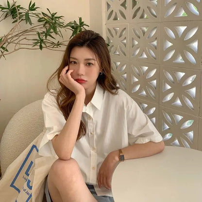 Short Sleeve Shirts Women Solid Cool Unisex College Рубашки Korean Style All-match Basic Mujer De Moda Prevalent Stylish Ins New
