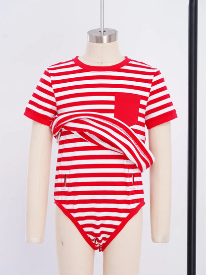 Kids Boys Girls Special Needs Adaptive Clothing Round Neck Short Sleeve Press Buttons Open Crotch Striped Leotard Bodysuit