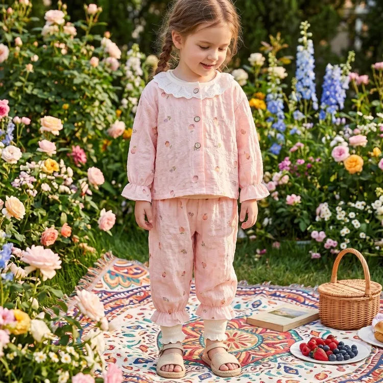 Summer Child Clothing Sets in Air-conditioned Room Girls Breathable Comfortable Long Sleeve Lace Home Clothes Sets Kids Pajamas