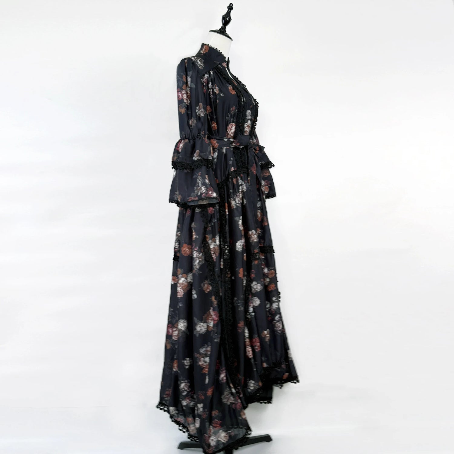 Women Maxi Dresses Sping Summer Bohemian Casual Flare Sleeve High Waist Beach Woman Chiffon Floral Belt Vestidoes Long Dress
