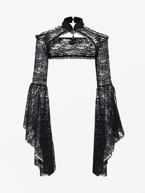 Gothic Crop Tops for Women, Black Flare Sleeves Floral Paisley Lace Panel Cut Out Halloween Shurg Top
