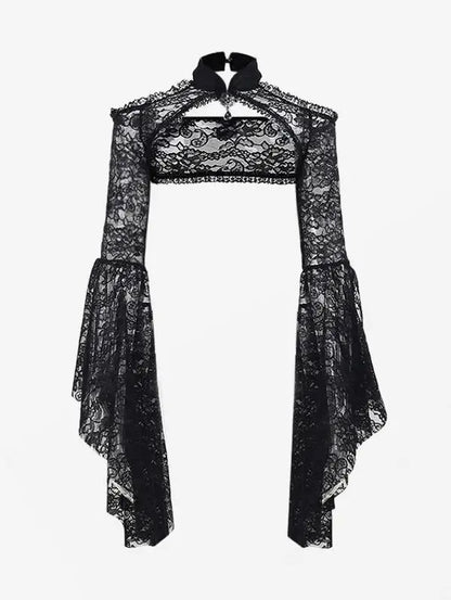 Gothic Crop Tops for Women, Black Flare Sleeves Floral Paisley Lace Panel Cut Out Halloween Shurg Top