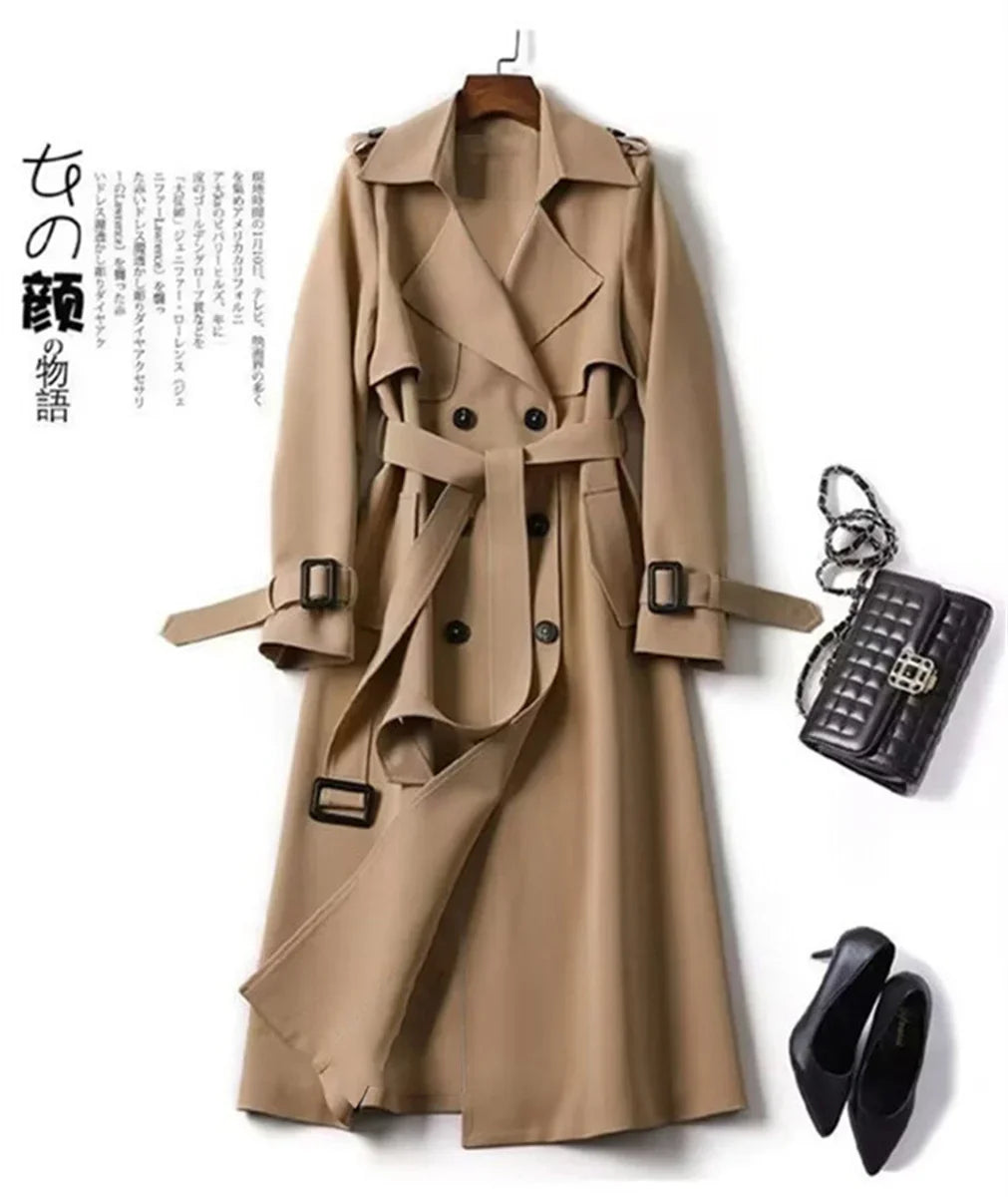 Elegant Women  Fashion British Jackets Autumn Winter Widebreaker Streetwear Midi Coats Casual Office Lady Button Slim Chic Coat